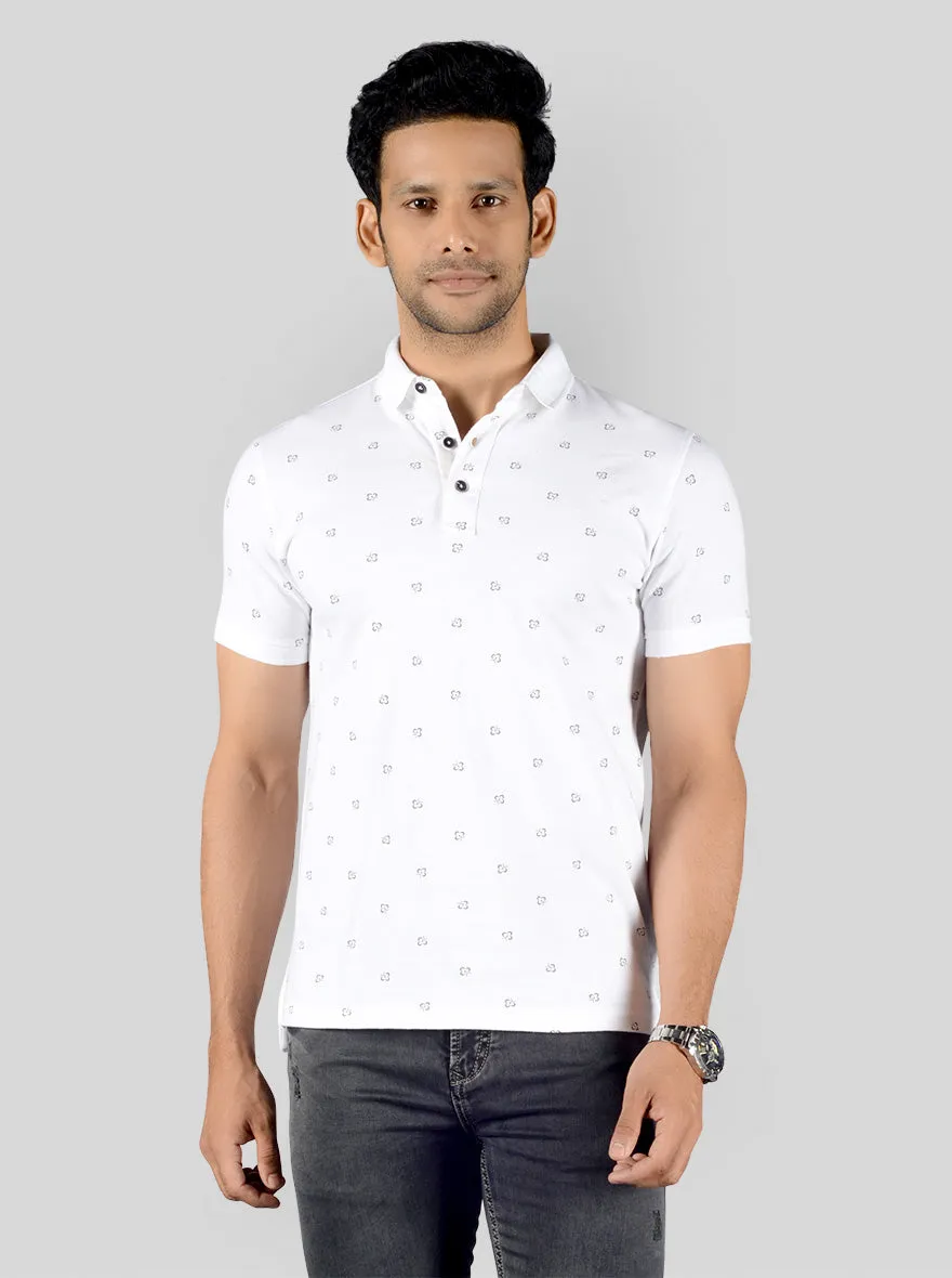 White Printed Slim Fit Polo T-shirt | JadeBlue