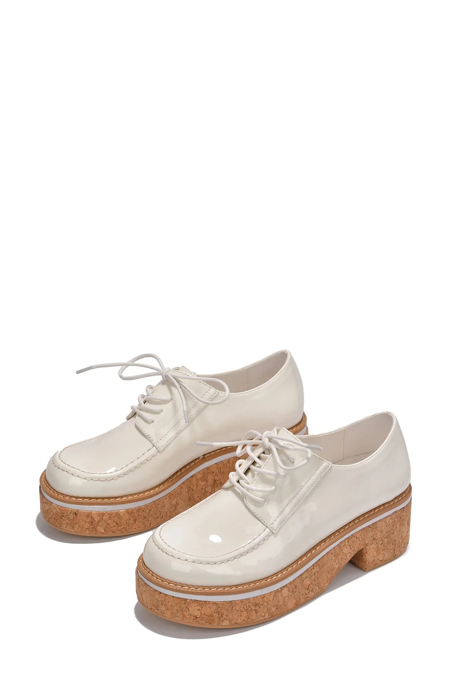 White Womens Lace Up Wooden Platform Loafers Natashaya