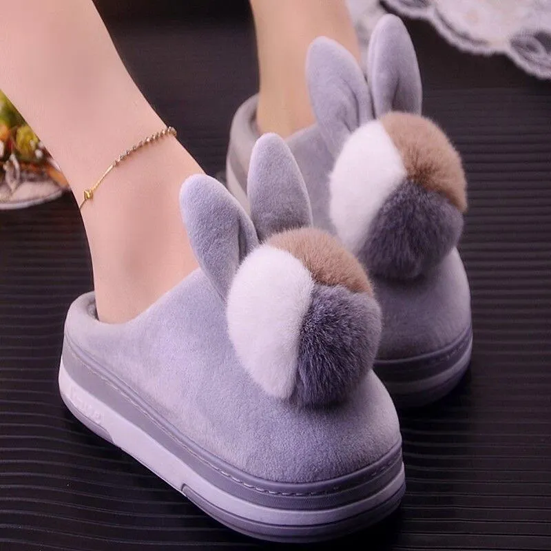 Women Plush Non-slip Pompom Winter Faux Fur Slippers