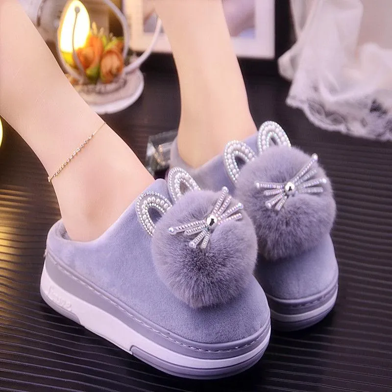 Women Plush Non-slip Pompom Winter Faux Fur Slippers