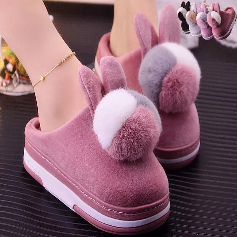 Women Plush Non-slip Pompom Winter Faux Fur Slippers