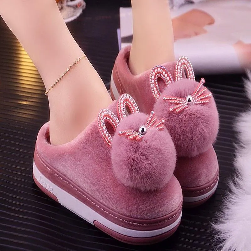 Women Plush Non-slip Pompom Winter Faux Fur Slippers