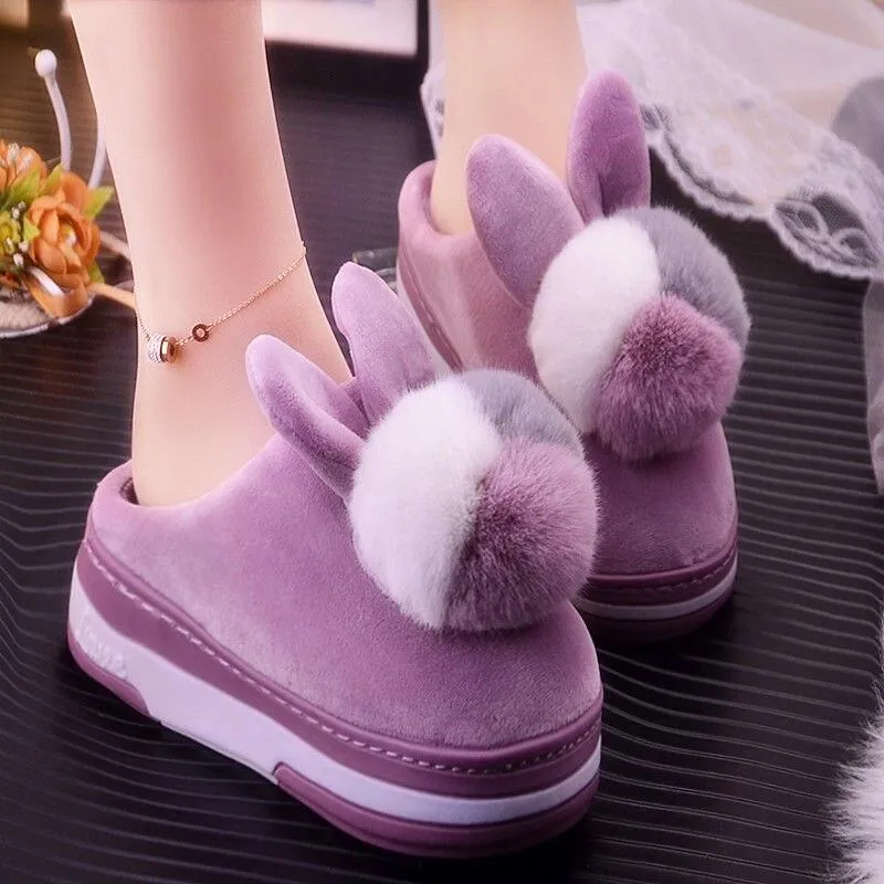 Women Plush Non-slip Pompom Winter Faux Fur Slippers