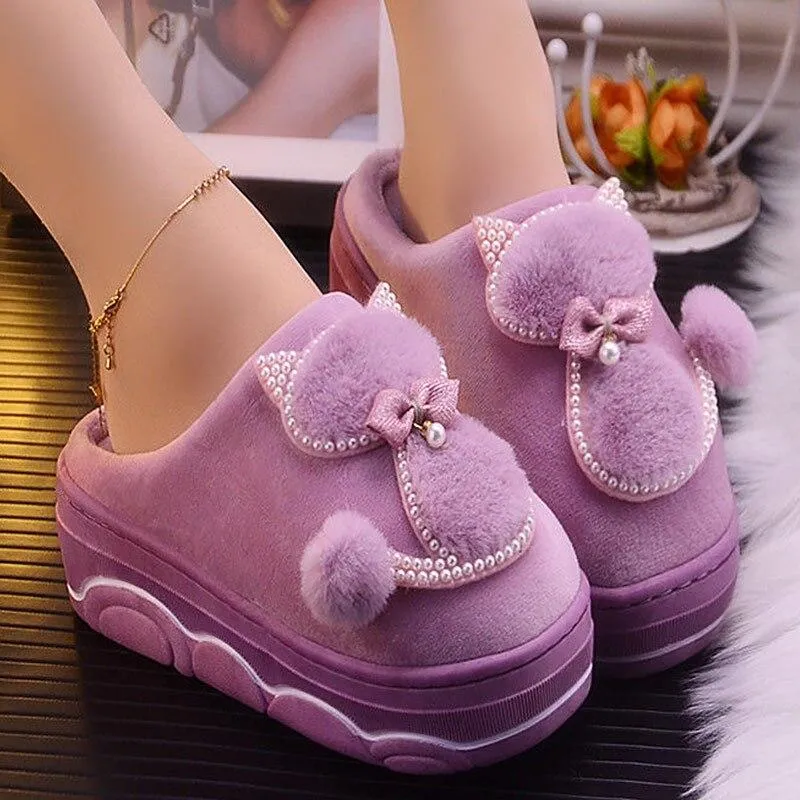 Women Plush Non-slip Pompom Winter Faux Fur Slippers