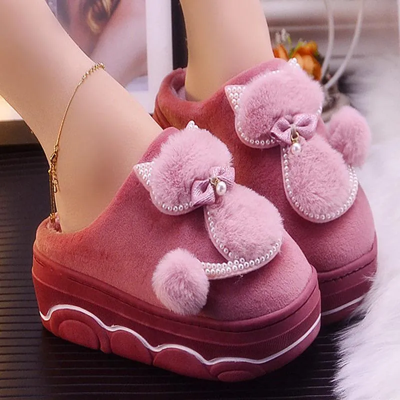 Women Plush Non-slip Pompom Winter Faux Fur Slippers