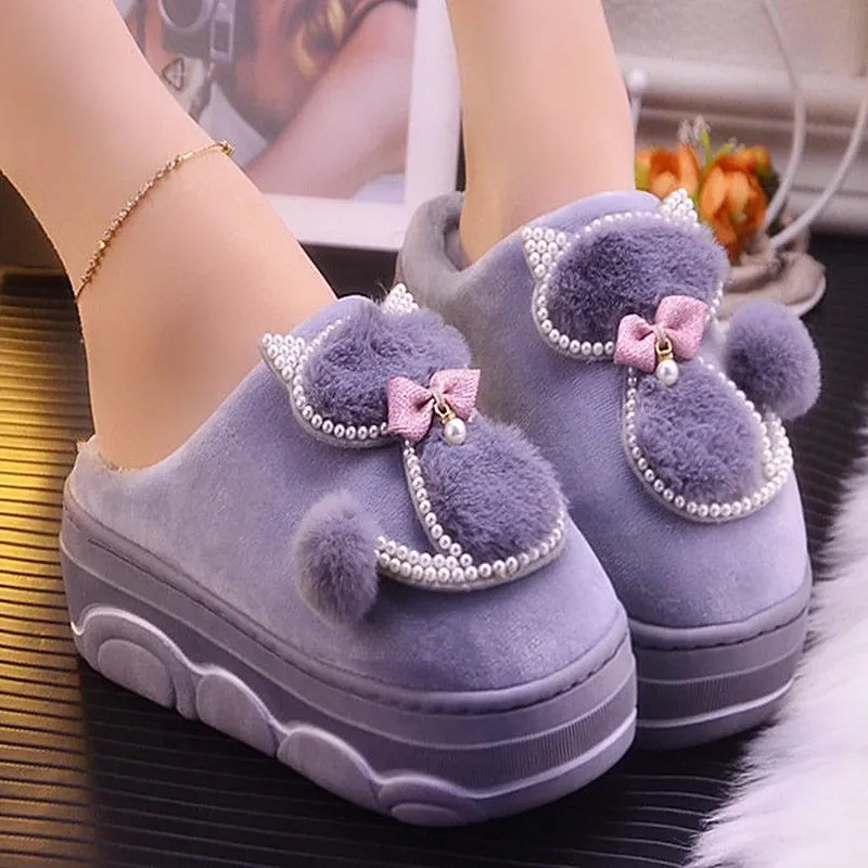 Women Plush Non-slip Pompom Winter Faux Fur Slippers