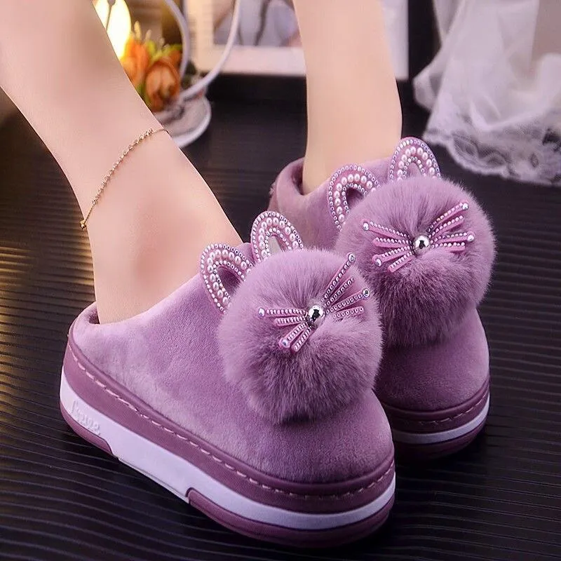 Women Plush Non-slip Pompom Winter Faux Fur Slippers