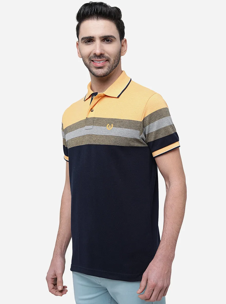 Yellow & Grey Striped Slim Fit Polo T-Shirt | Greenfibre